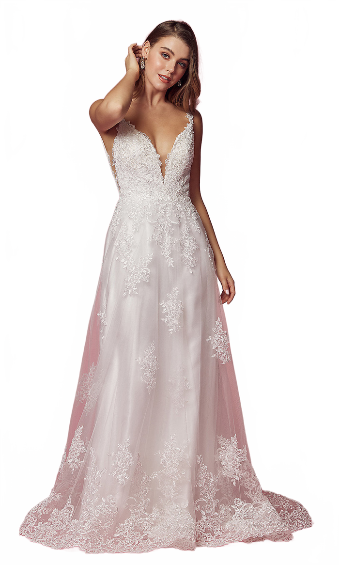 Nox Anabel Long White Ball Gown with Lace Applique