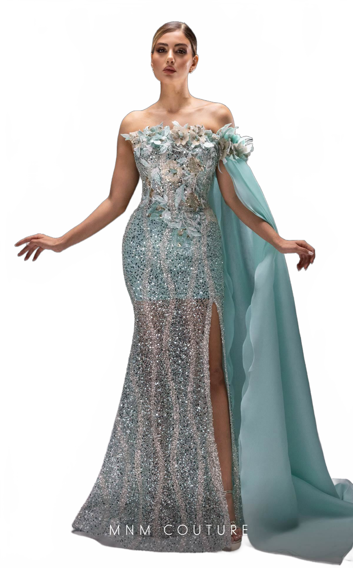 MNM Couture K4221 Aqua Off-Shoulder Evening Gown