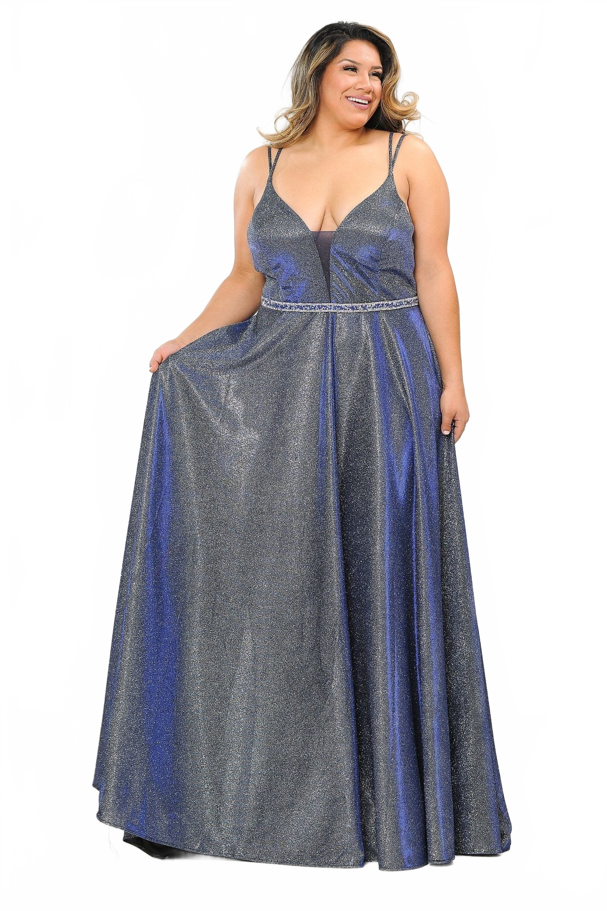 Poly USA W1048 Plus Size Long V-Neck Metallic Glitter Dress