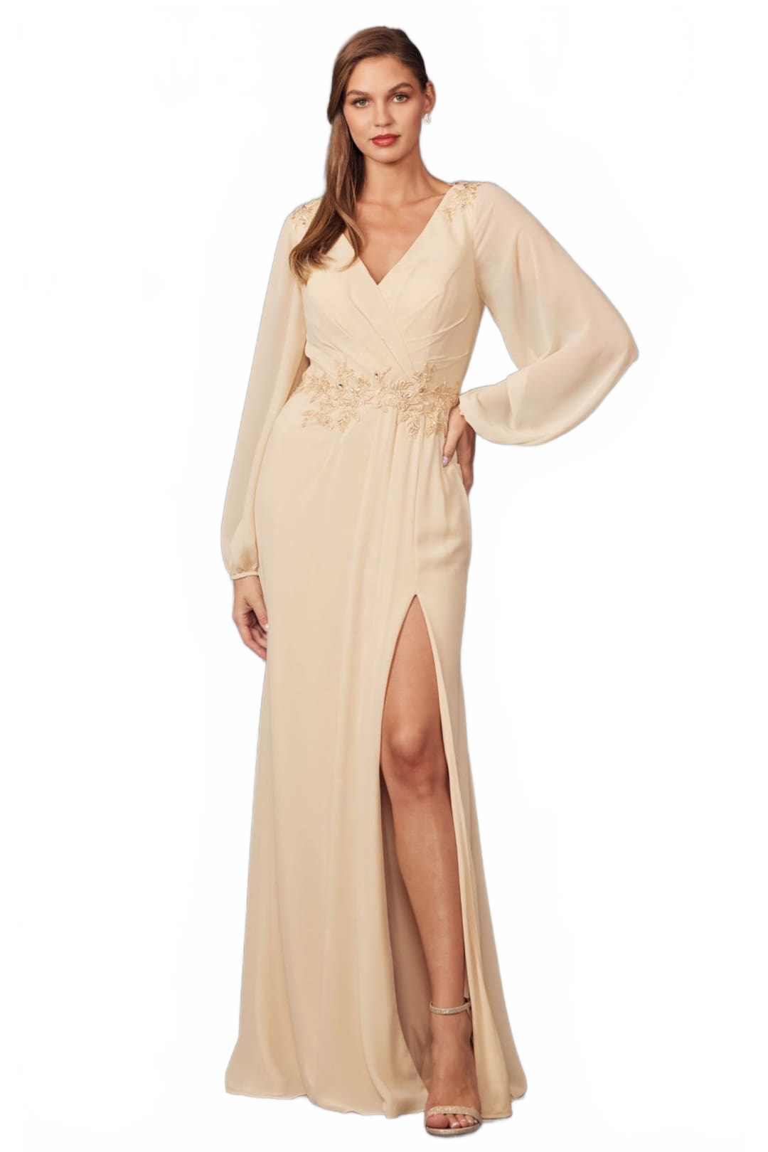 Embroidered Long Sleeve A-line Slit Gown by Juliet JTM16A