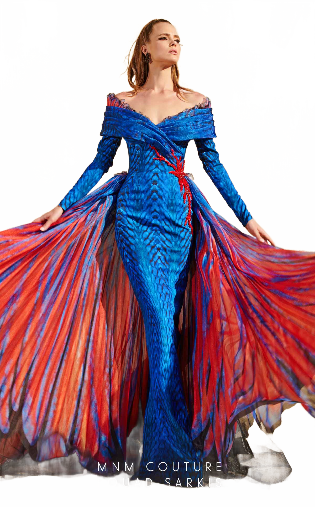 Fouad Sarkis 2762 Off-Shoulder Gown with Flowing Cape Panels
