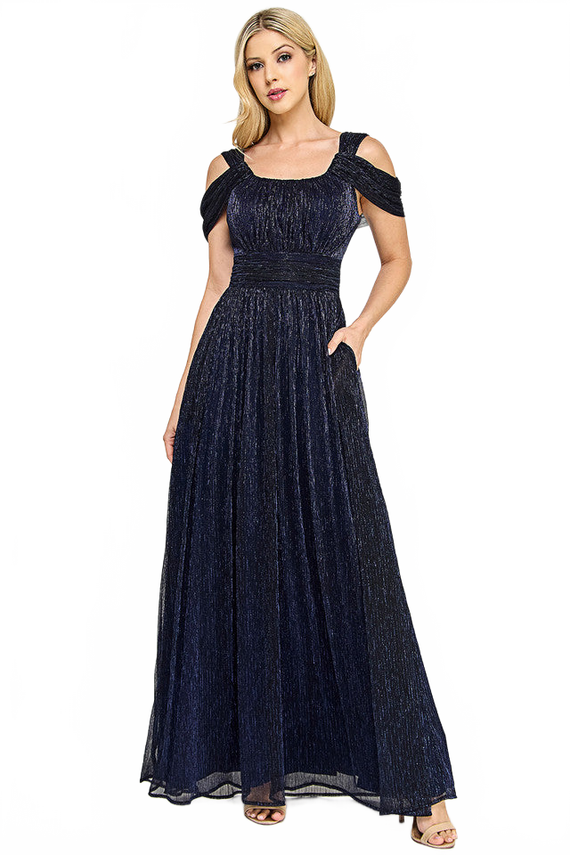 Glittering Cold Shoulder Pleated Metallic A-Line Gown with Draped Bodice By Lenovia 5327