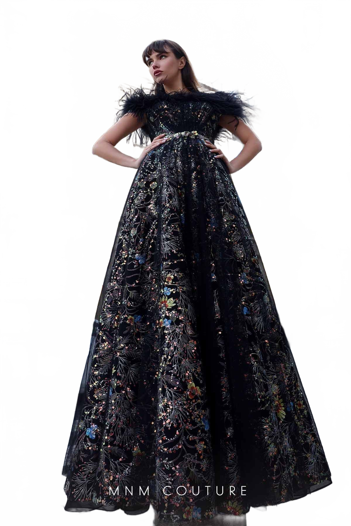 Black Feather-Shoulder Ball Gown by MNM Couture K4021