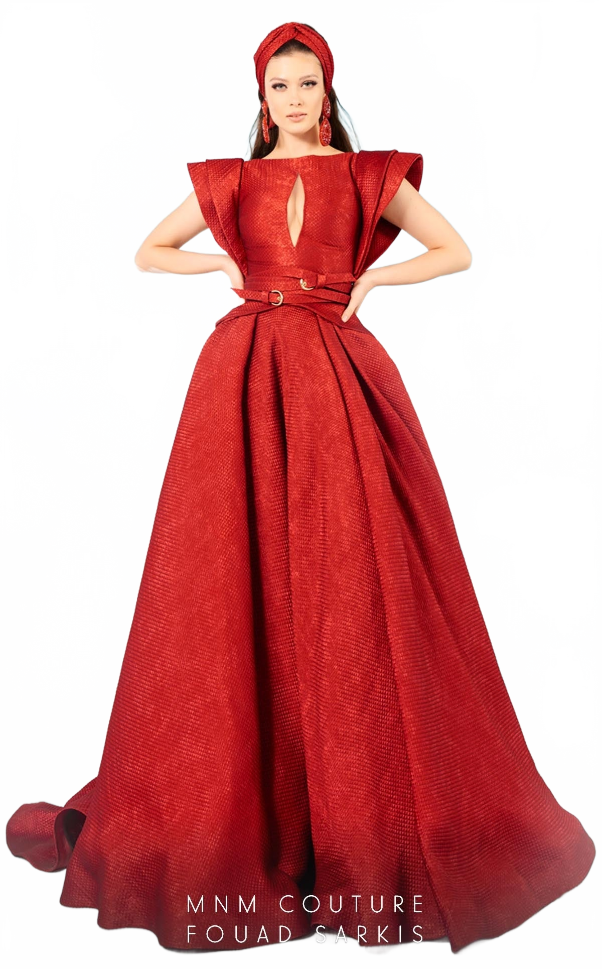 Fouad Sarkis 2635 Structured Shoulder Red Ball Gown by MNM Couture