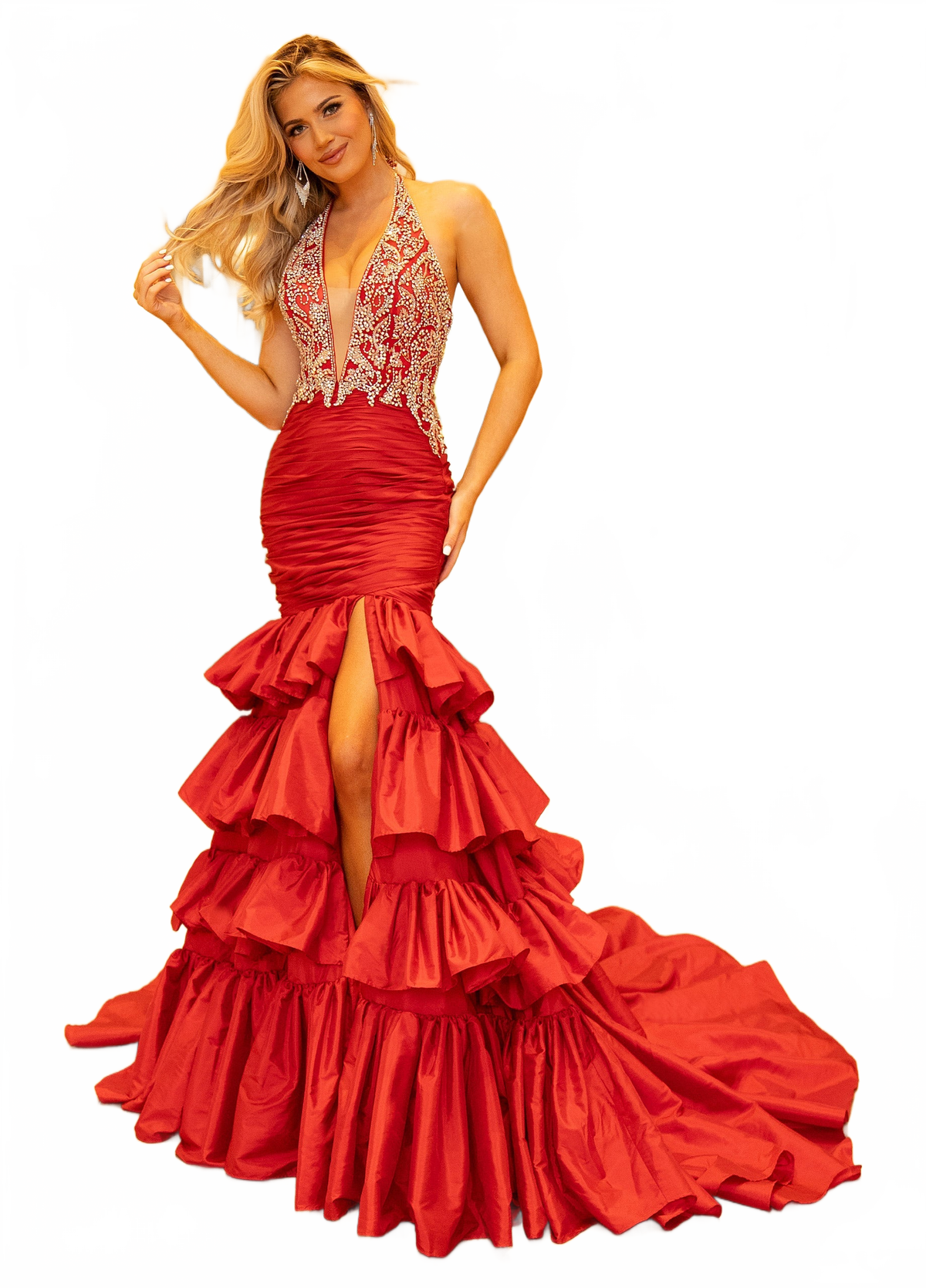 Rachel Allan 50351 Taffeta Halter Layered Slit Gown