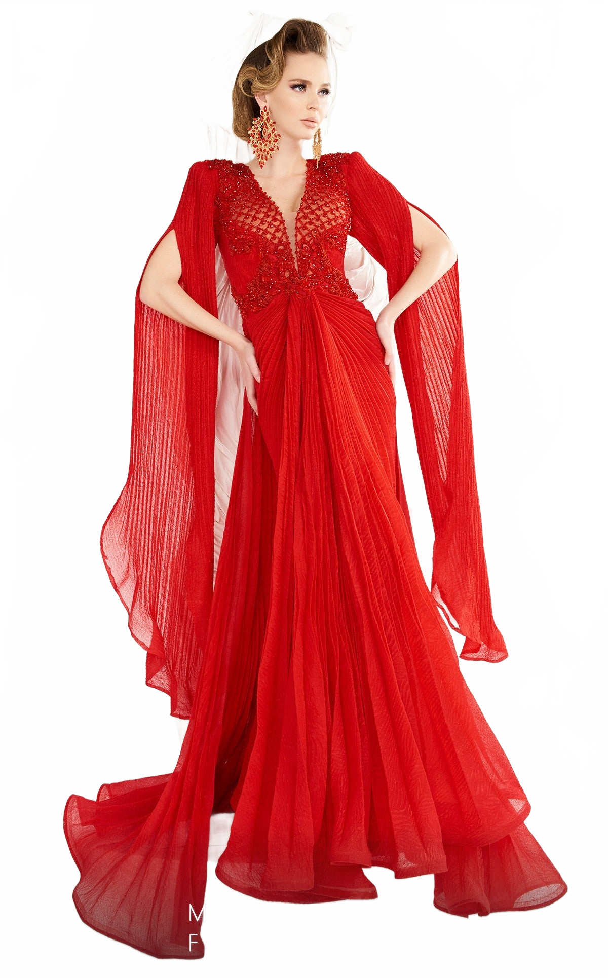 Fouad Sarkis 2569 Draped Light Pink Evening Gown with Beaded Appliqué
