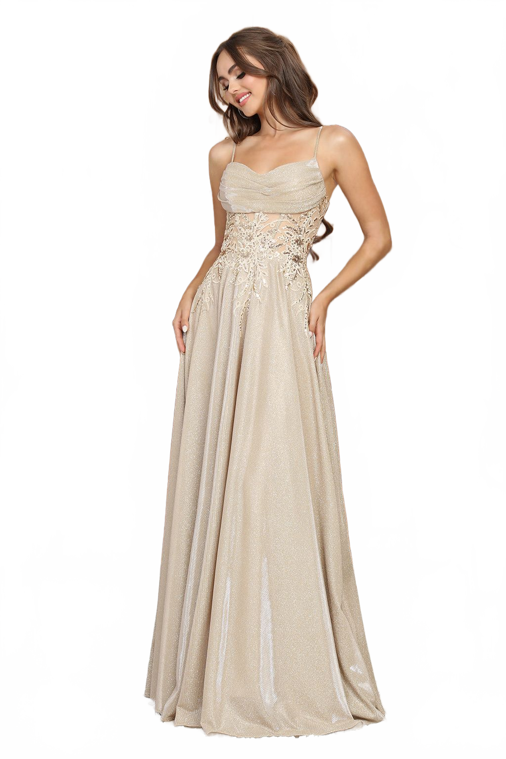Adora Design 3232 Glitter Satin Spaghetti Strap A-Line Prom Gown