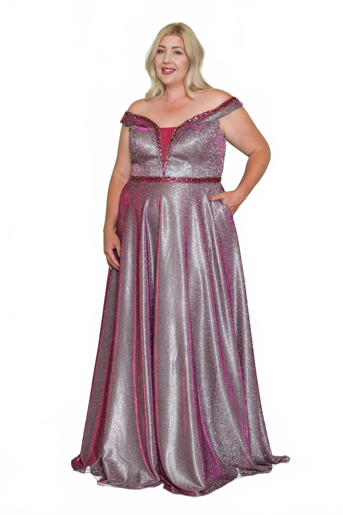 Poly USA W1096 Plus Size Off Shoulder Metallic Glitter Gown