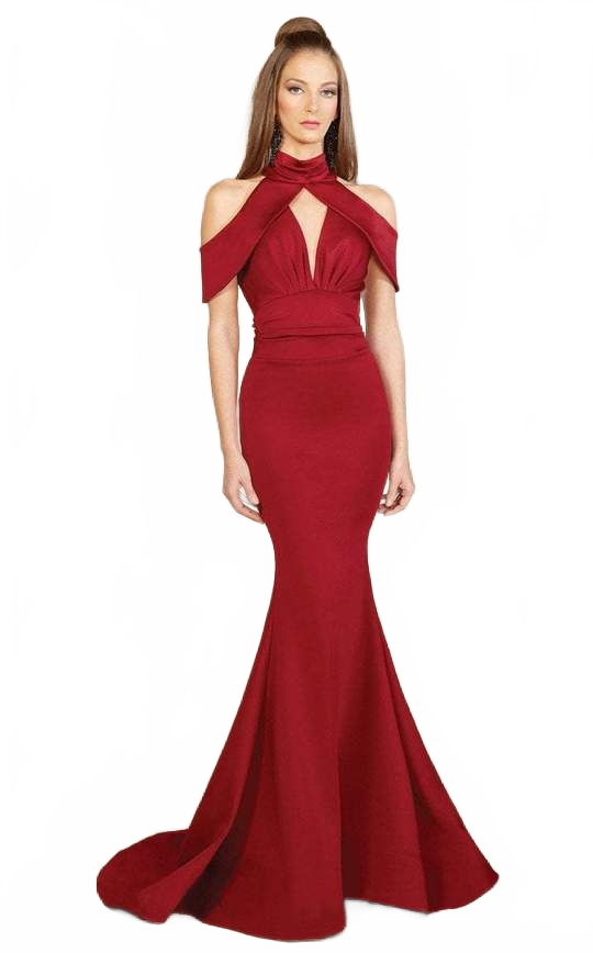 MNM Couture S0005 Mermaid Gown with Cold Shoulder Cutouts - Red