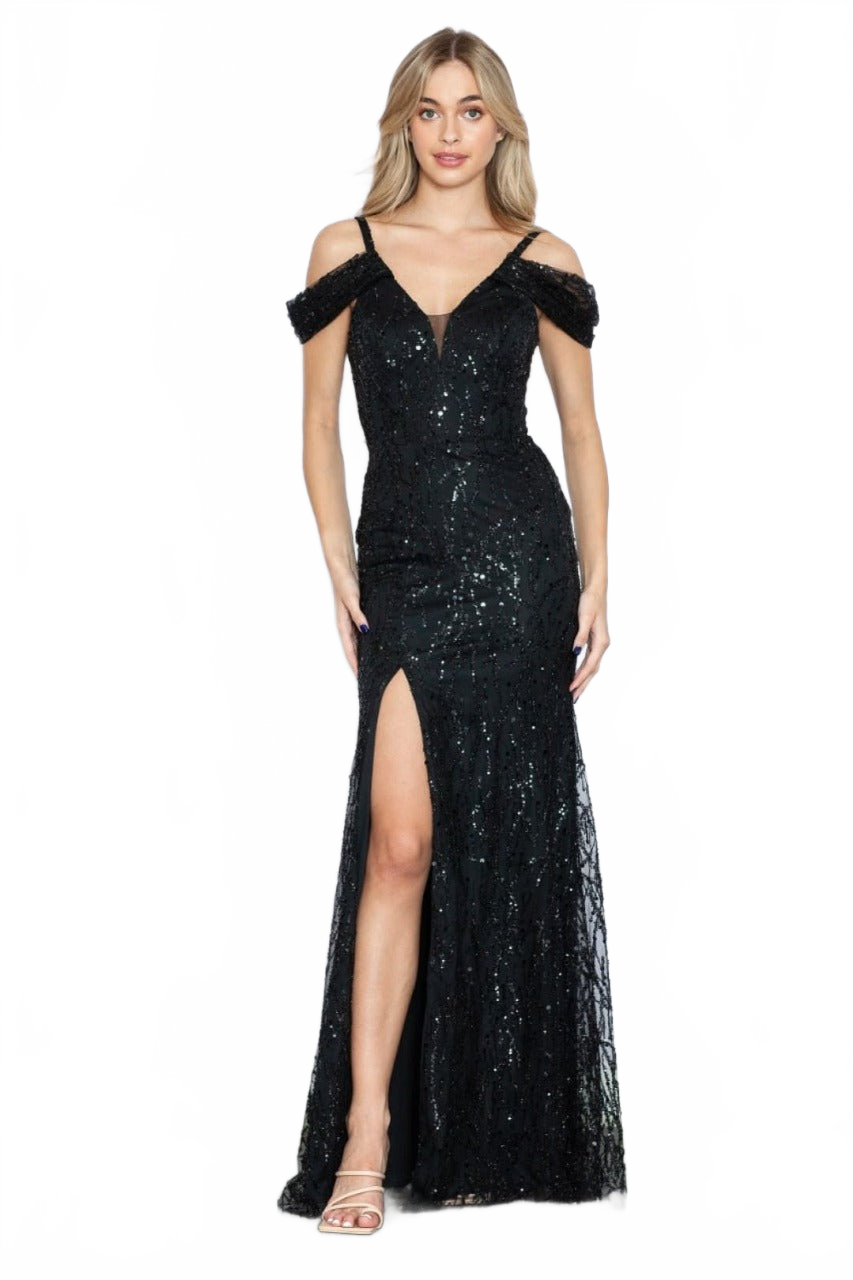 Poly USA 9384 Cold Shoulder Glitter Black Formal Gown