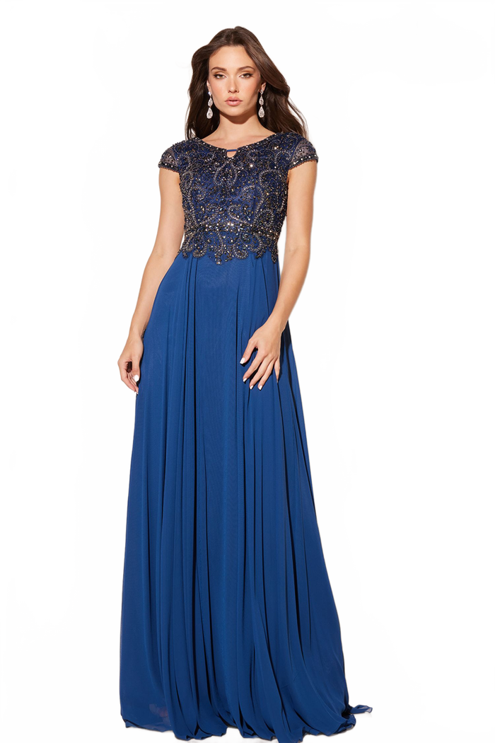 Abby Paris 95091 Beaded Illusion Sleeve Chiffon Gown