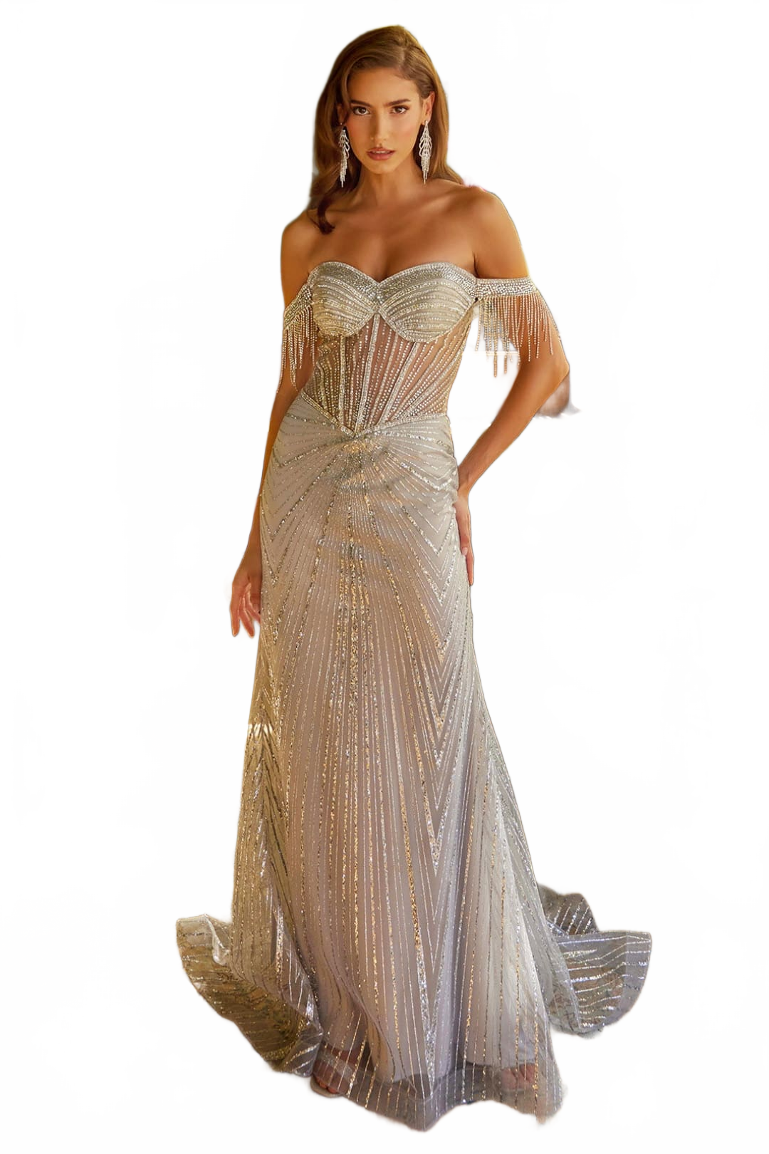 Off Shoulder Fringe Gown by GLS Gloria GL3559