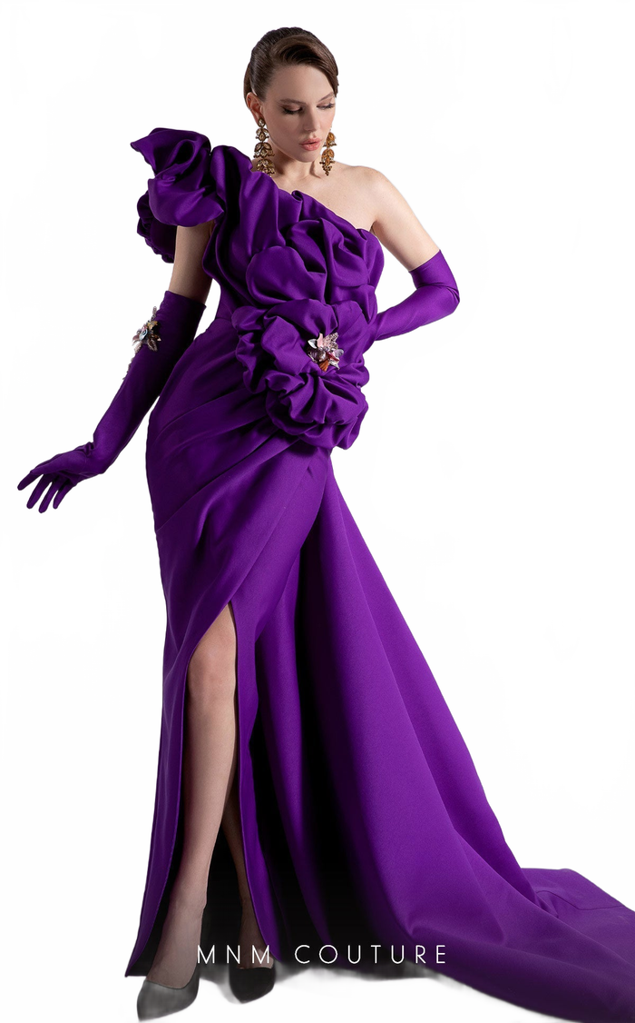 Fouad Sarkis F02904 One-Shoulder Column Gown with Train