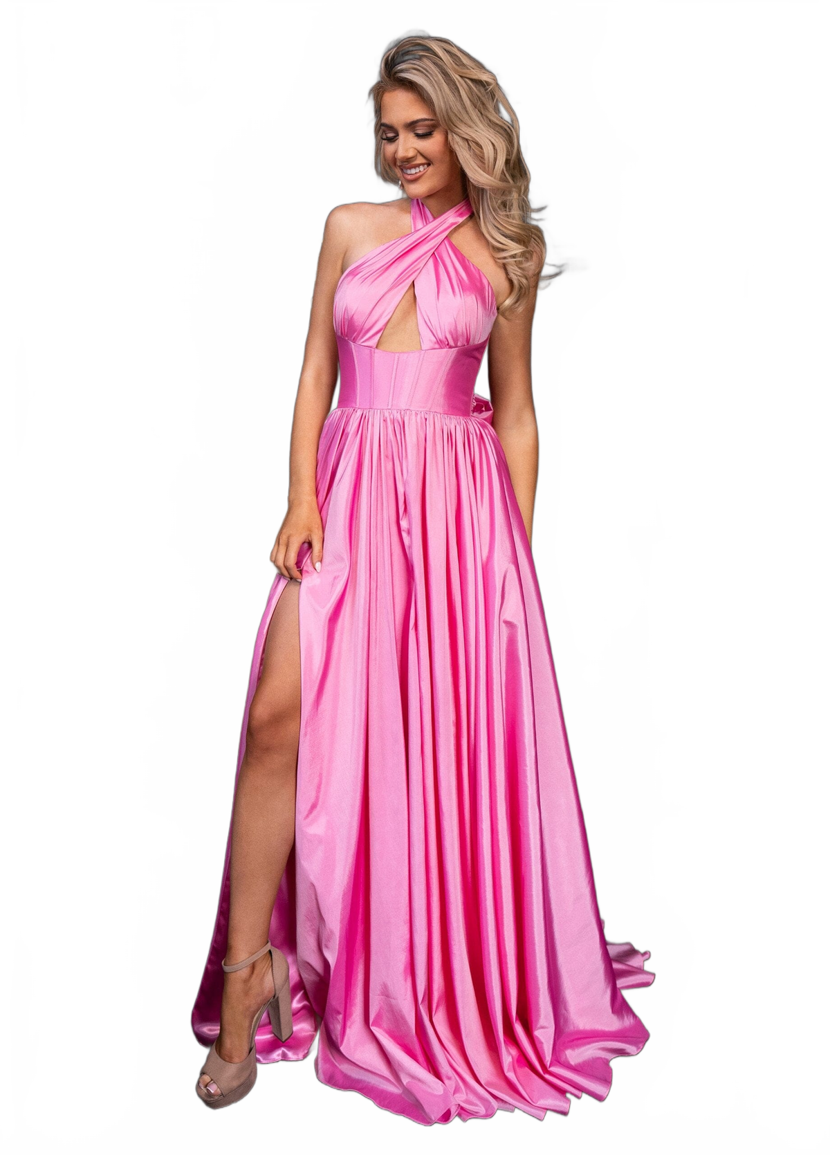 Rachel Allan 70689 Taffeta Halter A-line Slit Gown