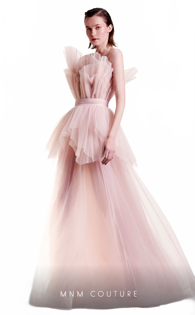 Gaby Charbachy G1435 Strapless Layered Tulle Couture Evening Gown in Pink