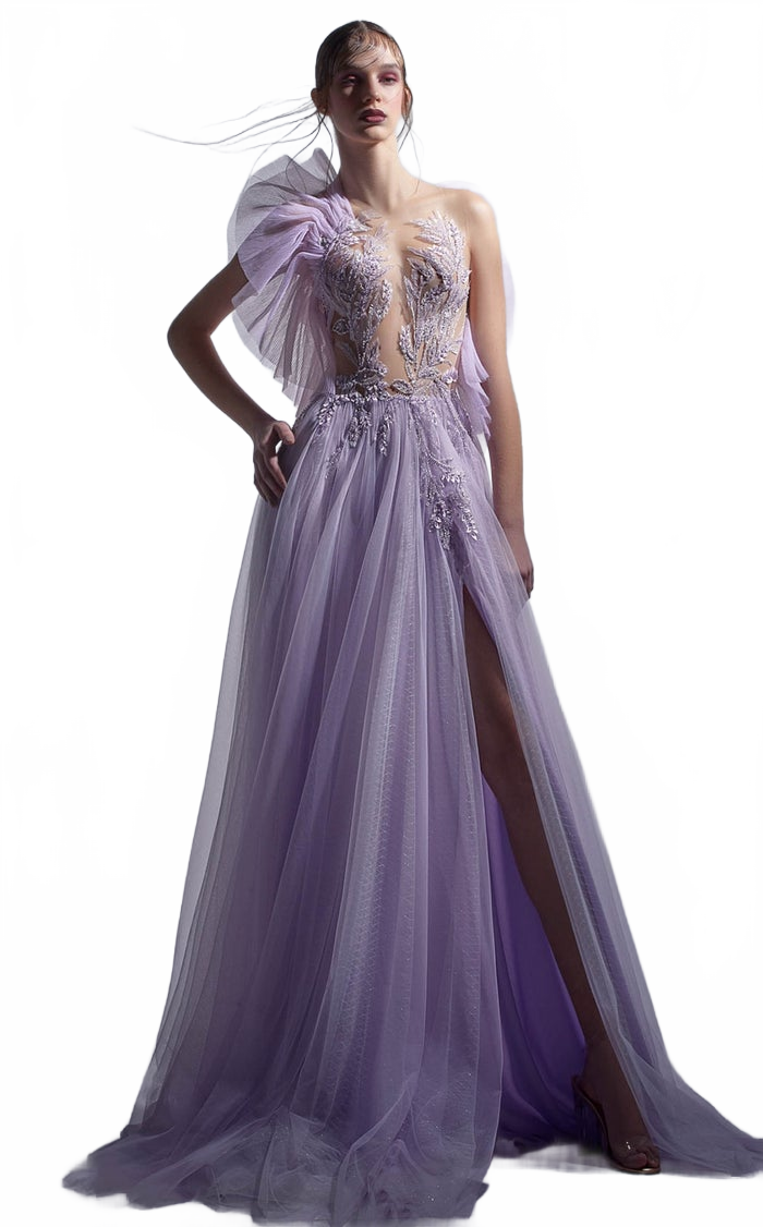 Gaby Charbachy G1284 Lilac Asymmetrical Glitter A-Line Gown by MNM Couture