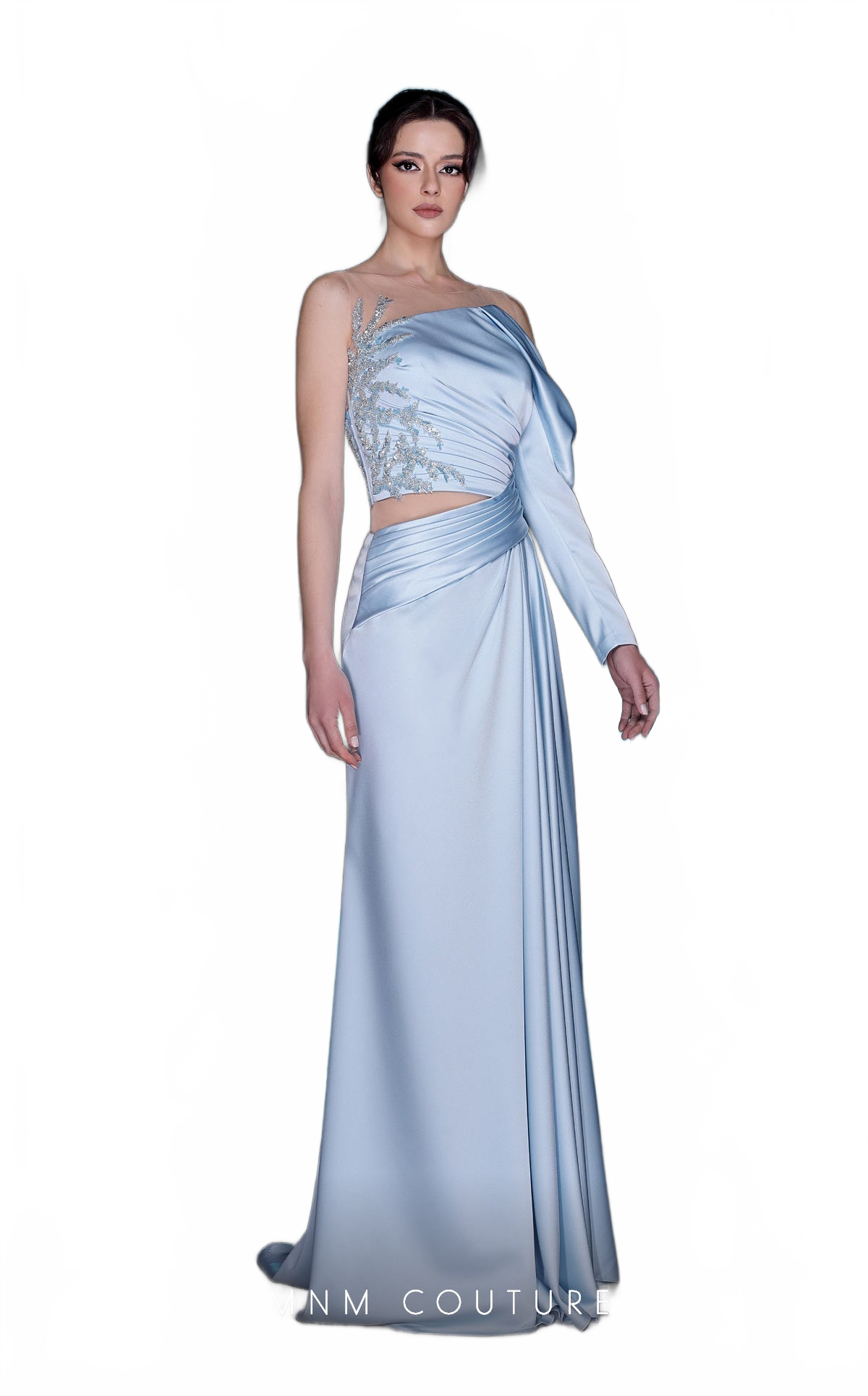 MNM Couture K3987 One-Shoulder Satin Gown with Beading, Light Blue, Size 4