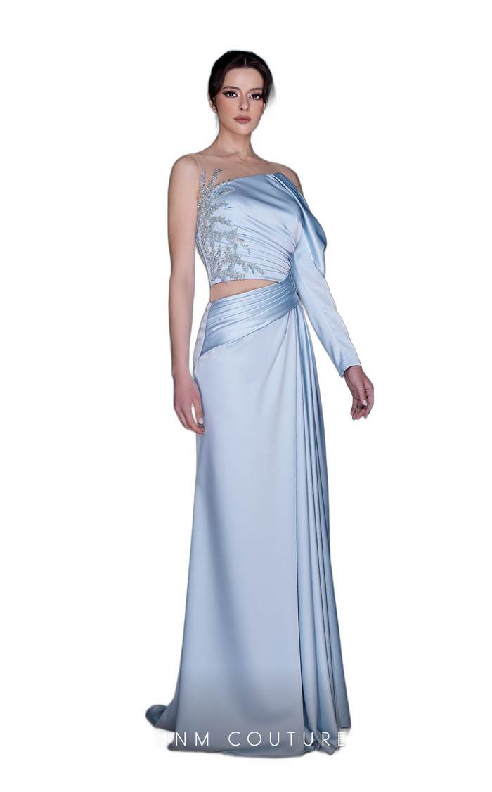 MNM Couture K3987 One-Shoulder Satin Gown with Beading, Light Blue, Size 4