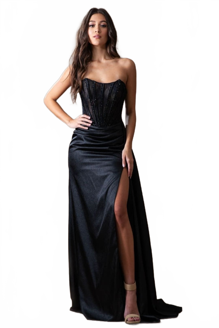 Amelia Couture 5054 Black Satin Corset Lace-Up Back Formal Gown