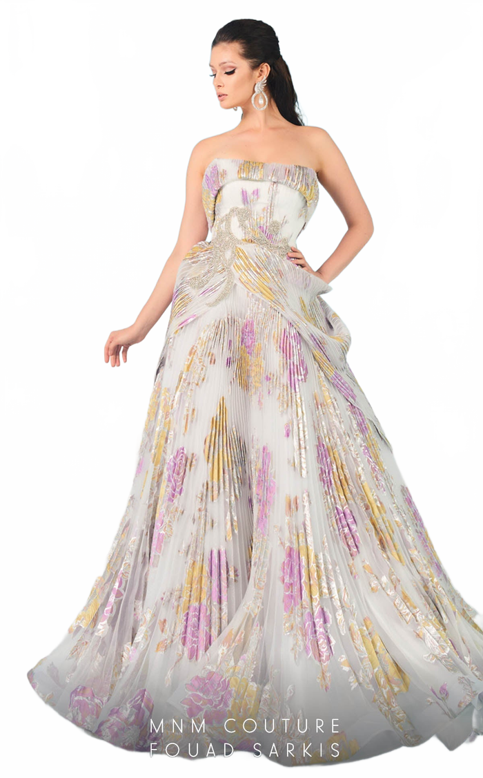 Fouad Sarkis 2619 Strapless Metallic Floral Ball Gown in White