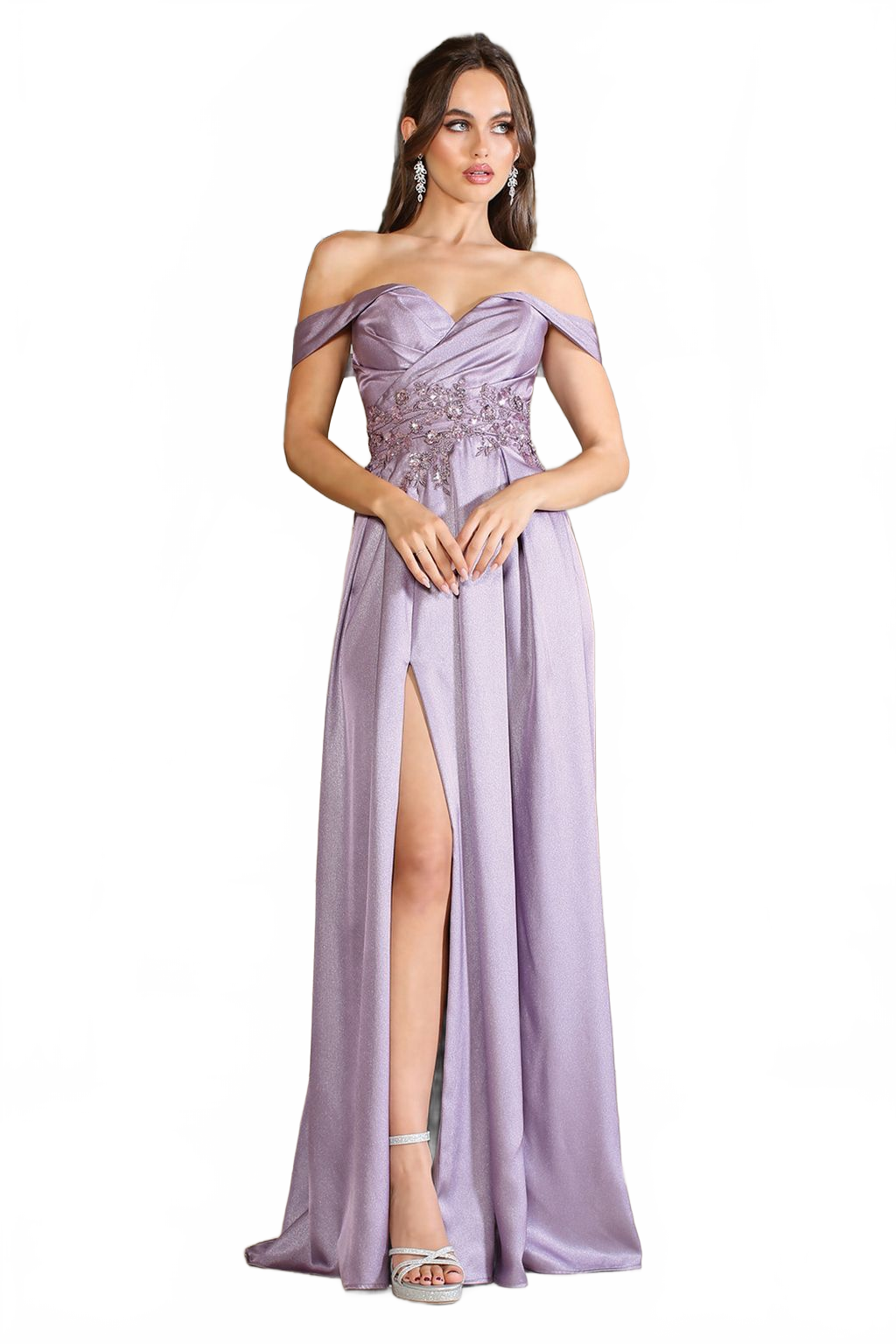 Adora 3200 Off Shoulder Beaded Satin A-Line Long Prom Dress