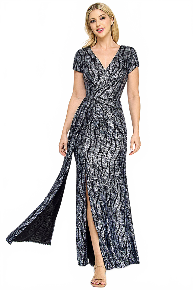 Sequin Glitter V-Neck Short Sleeve Gown with Front Slit and Low Back By Lenovia 5331