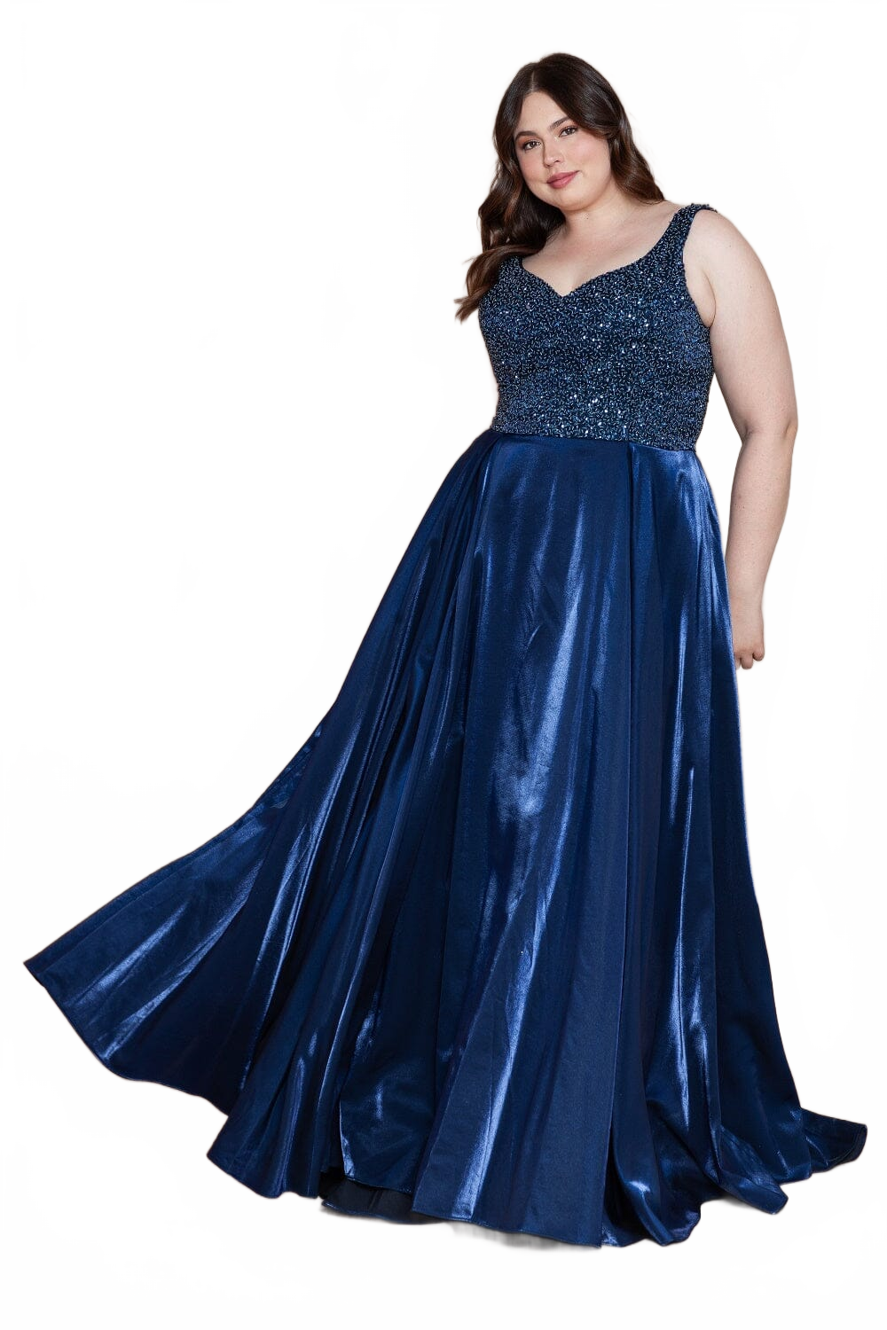 Poly USA W1066 Plus Size Long Satin Dress with Beaded Bodice