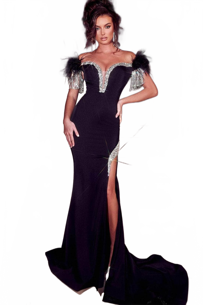 Portia and Scarlett PS23211 -long- Plus Size Prom Gown with Elegant Off Shoulder Embellishments