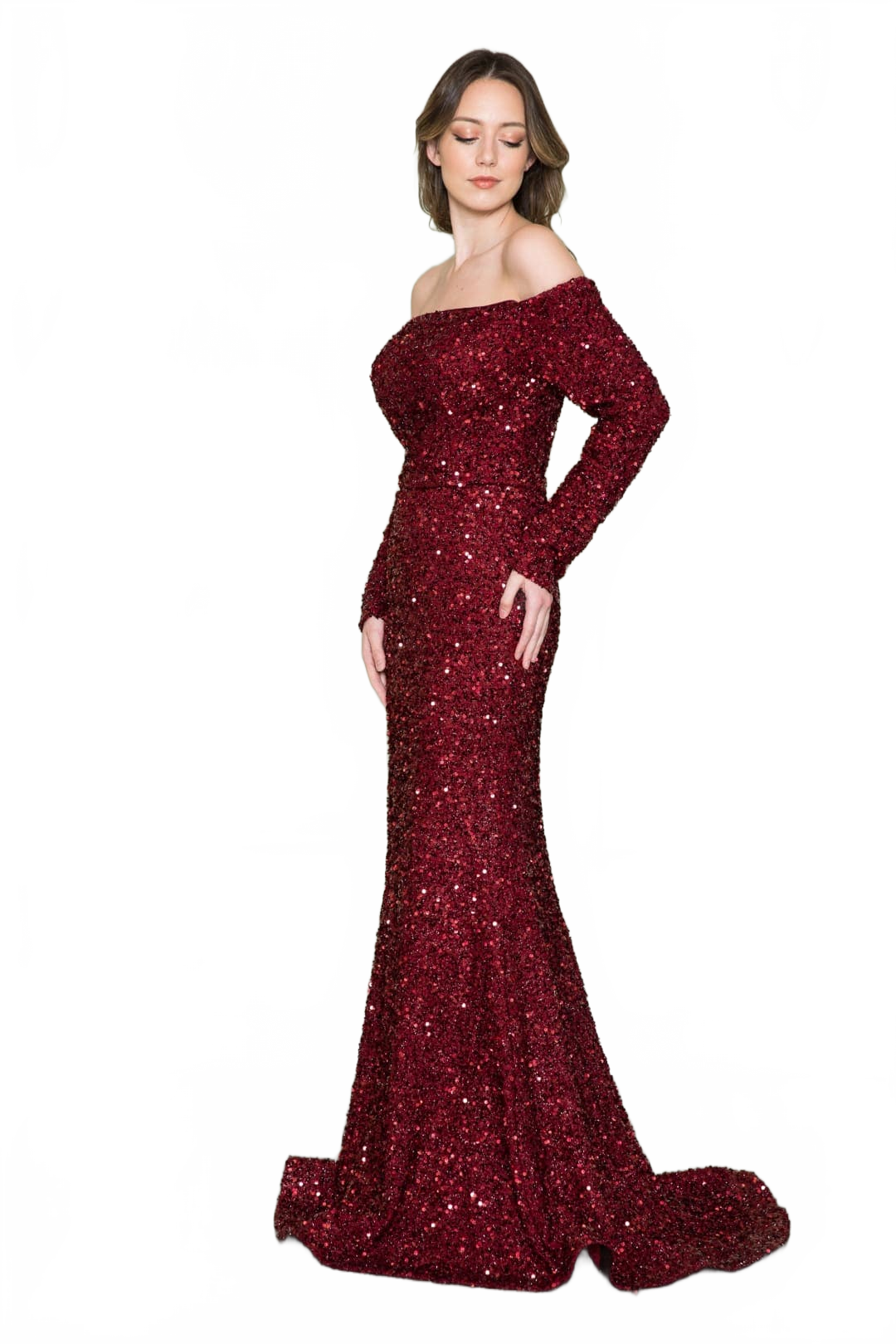 POLY USA 8876 Long Sleeve Sequin Off Shoulder Dress For Holiday Party