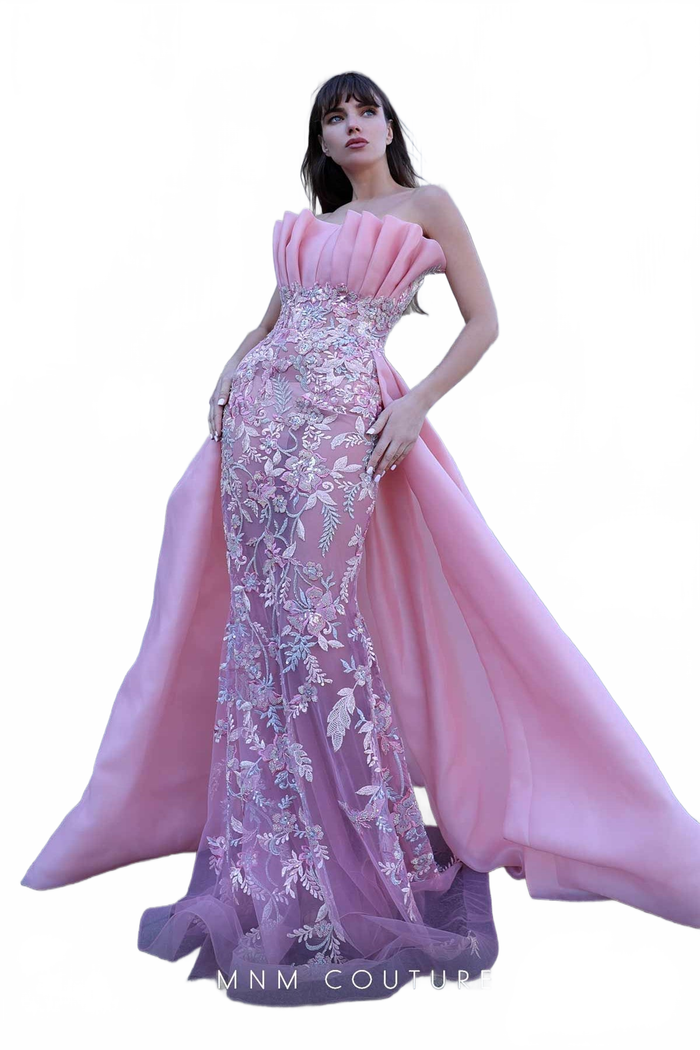 MNM Couture K4023 Strapless Pink Gown with Embellished Overskirt