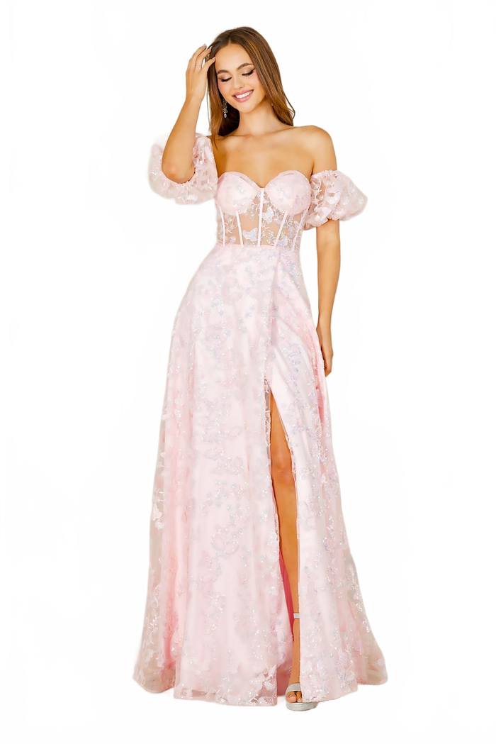 Adora Design 3083 Strapless Glitter Lace Slit Formal Prom Gown