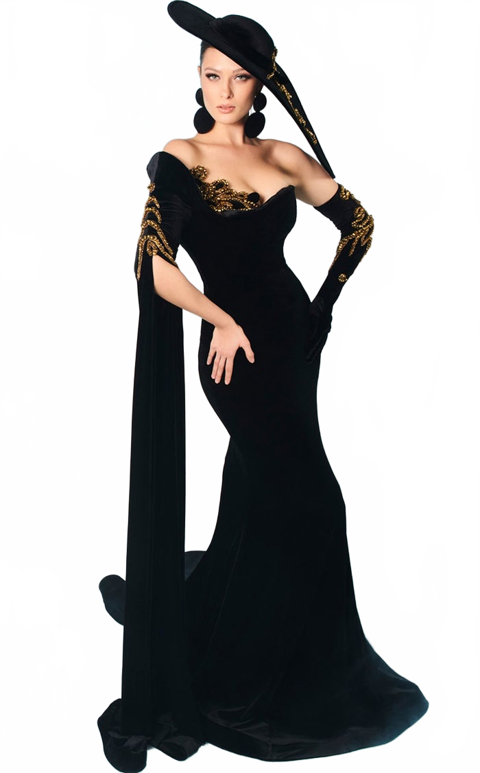 Fouad Sarkis 2606 Black Velvet Gown with Embellished Cape Sleeves