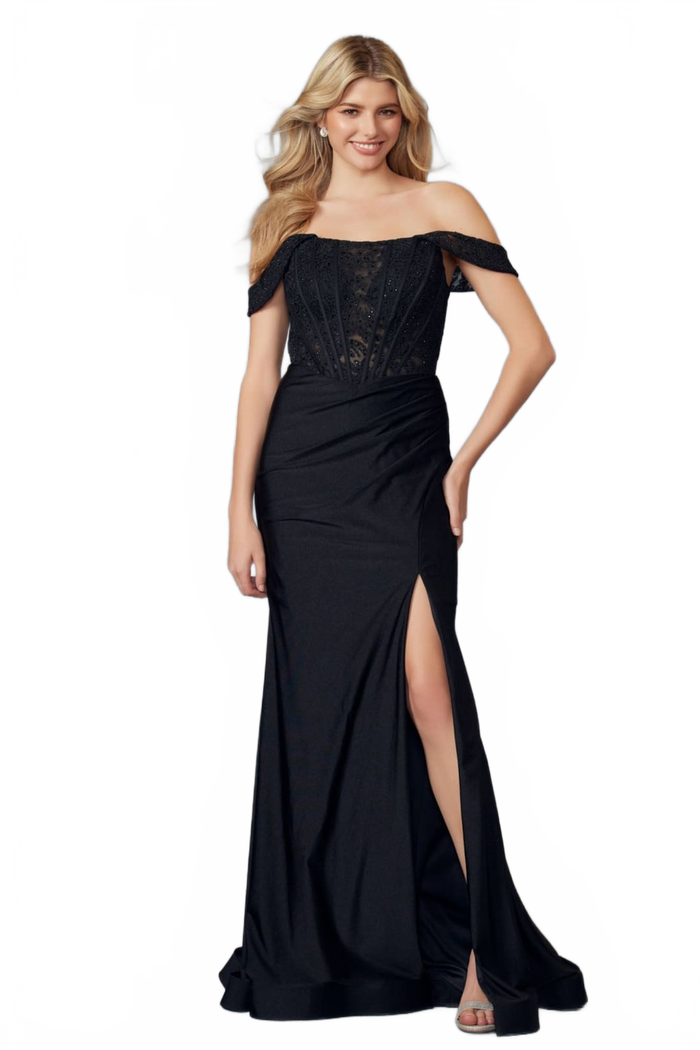 Embroidered Off-Shoulder Corset Gown by Juliet 2407