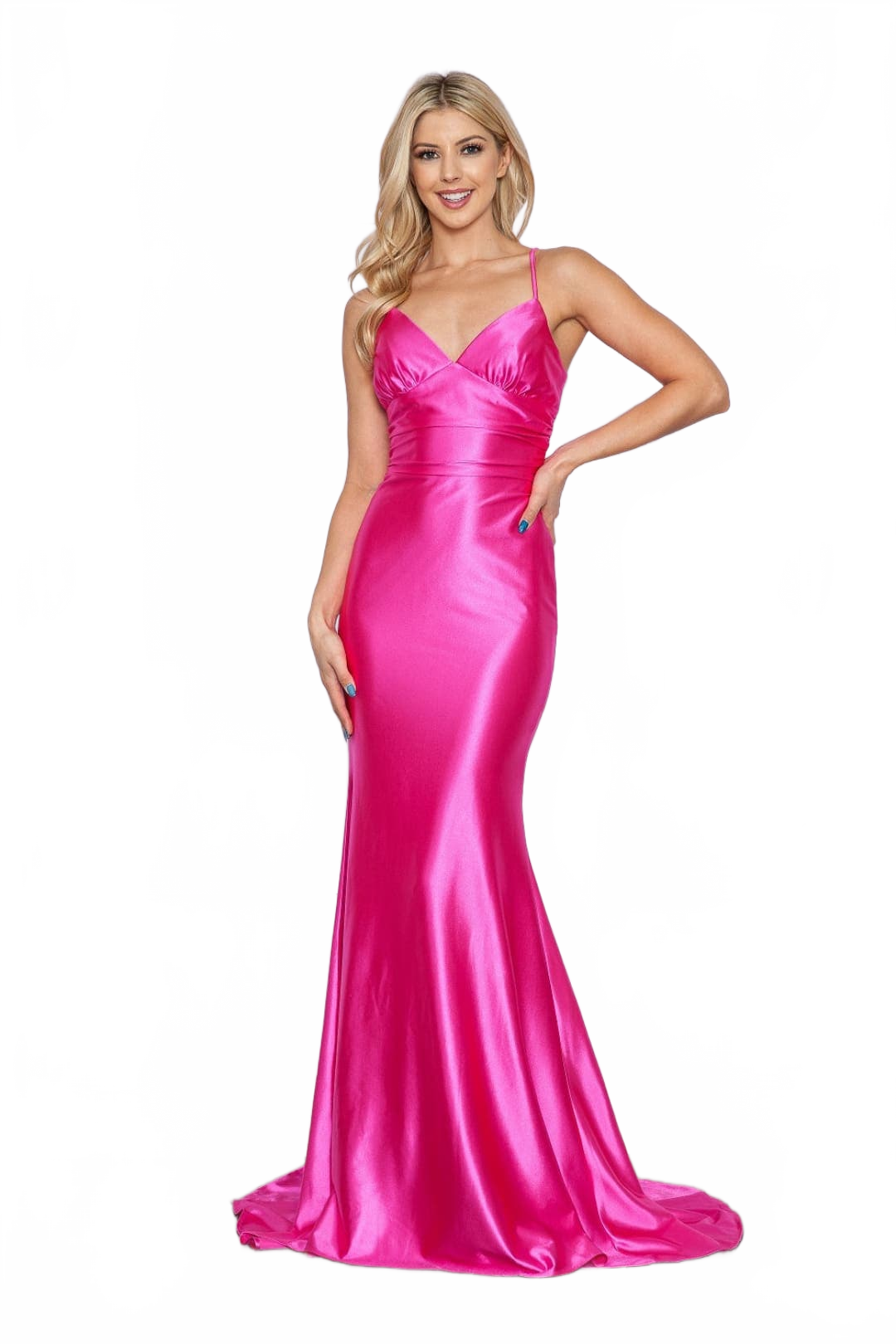 Poly USA 9256 V-neck Cut Out Back Satin Stretchy Evening Formal Gown