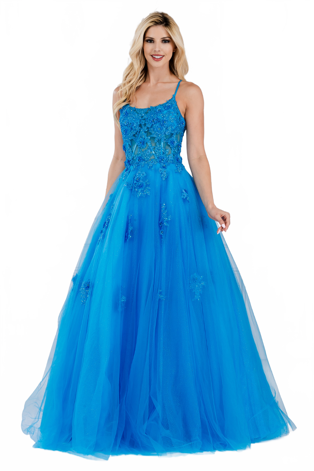 Floral Appliqué Tulle Ball Gown with Lace‑Up Back Spaghetti Strap Evening Dress By Amelia Couture 7035