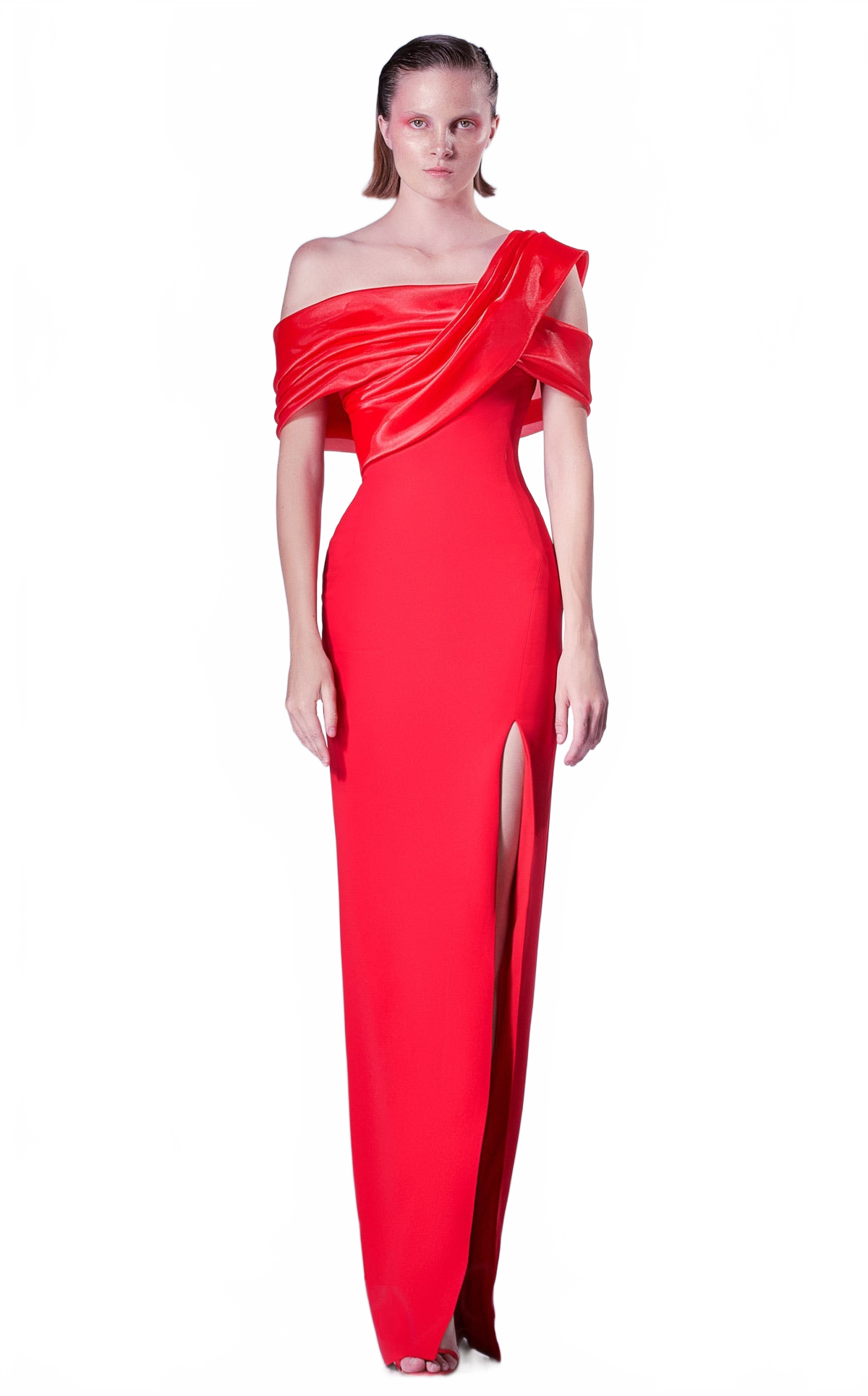 Gaby Charbachy G1346 Red Off-Shoulder Slit Evening Gown by MNM Couture
