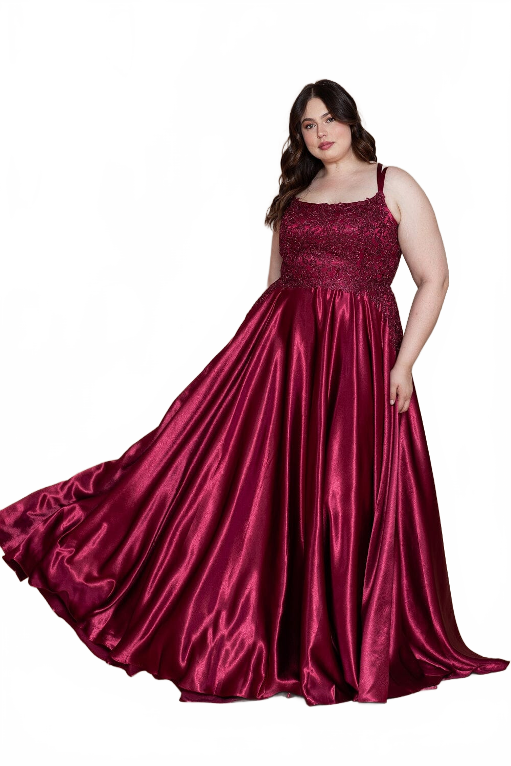 Poly USA W1094 Plus Size Embroidered Long Satin A-line Dress