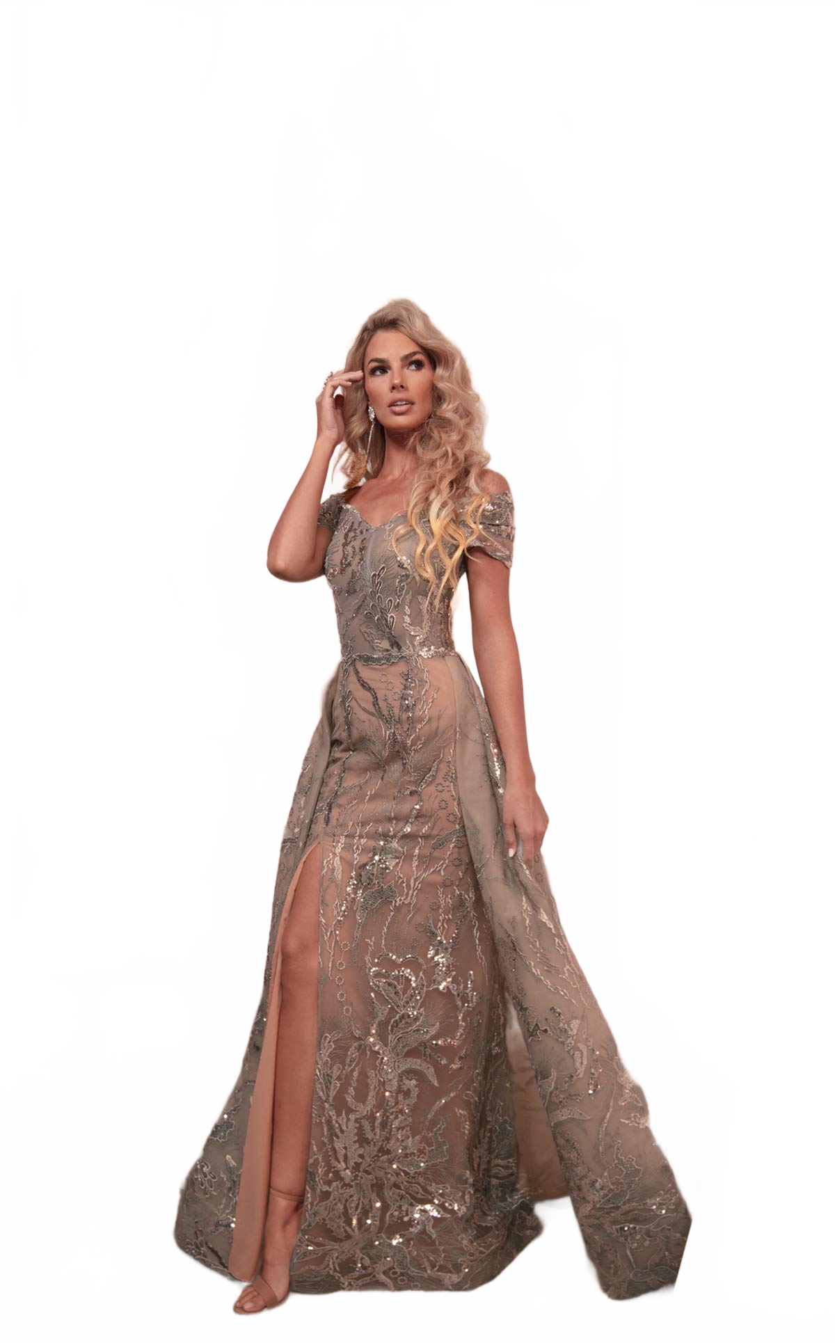MNM Couture M0102 Dusty Green Off-Shoulder Embellished Gown