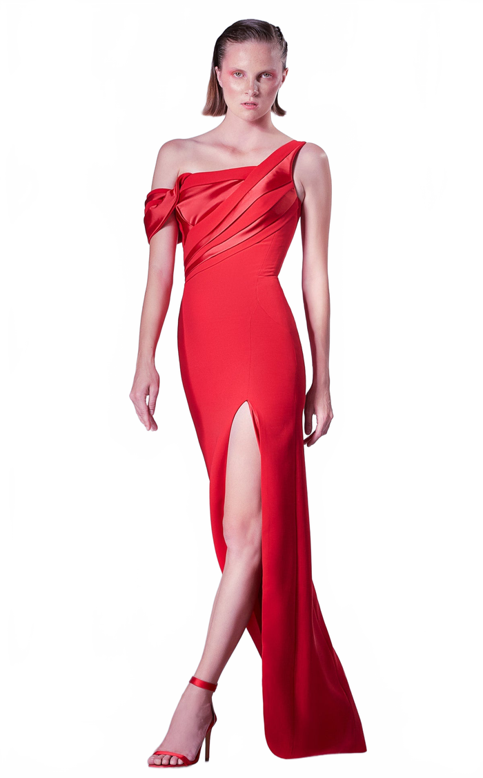Gaby Charbachy G1344 Red One-Shoulder Pleated Slit Gown by MNM Couture