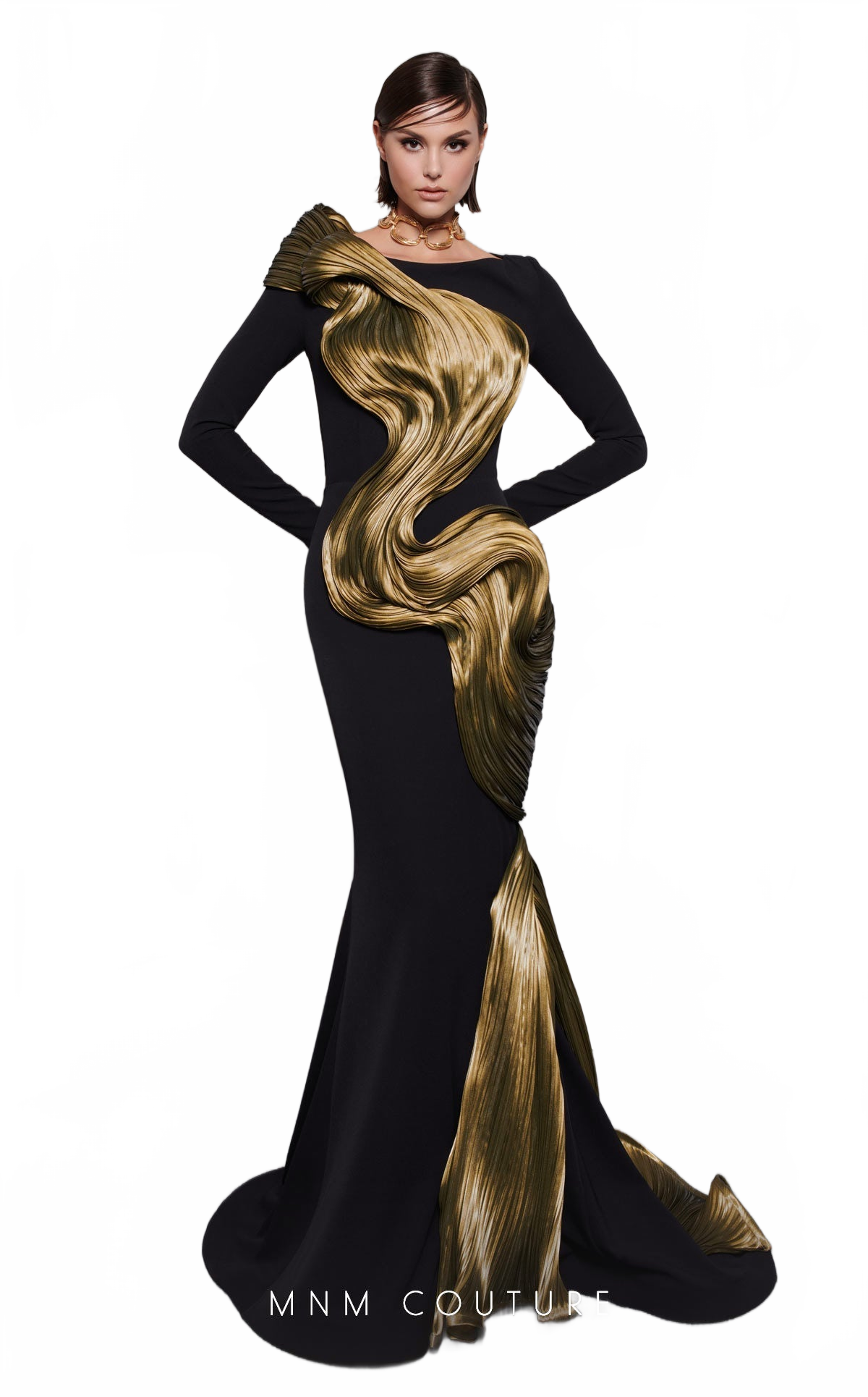 MNM Couture 2730A Jewel Neck Draped Mermaid Gown in Black/Olive