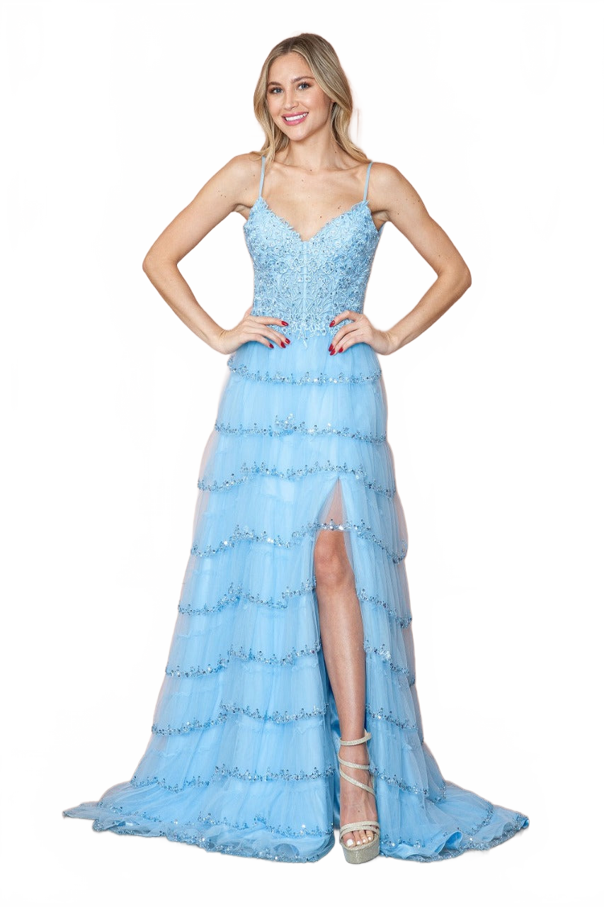 Poly USA 9404 Embellished Bodice Sleeveless Ruffle Slit Evening Dress