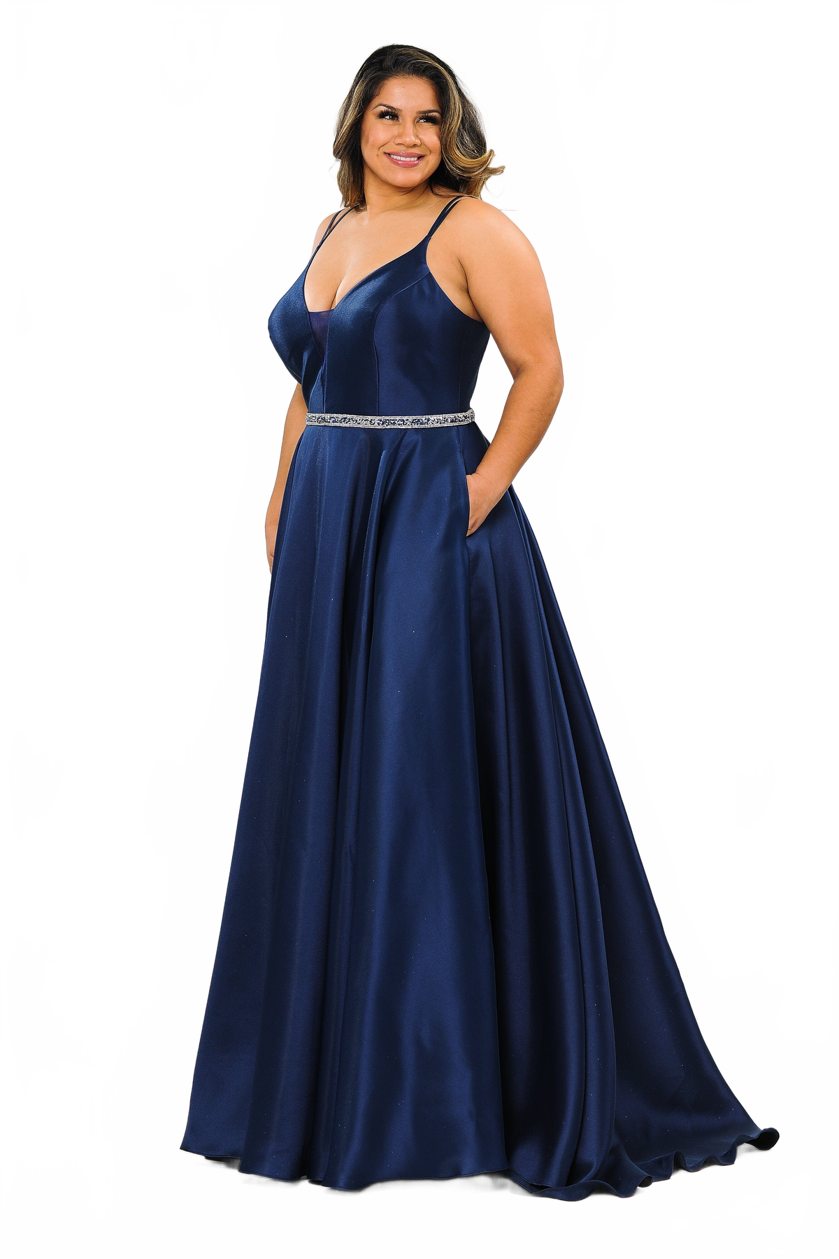 Poly USA W1106 Plus Size Long Deep V-Neck Mikado Dress