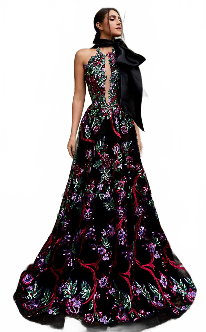 MNM Couture K3951 Black Floral Embroidered Halter Evening Gown