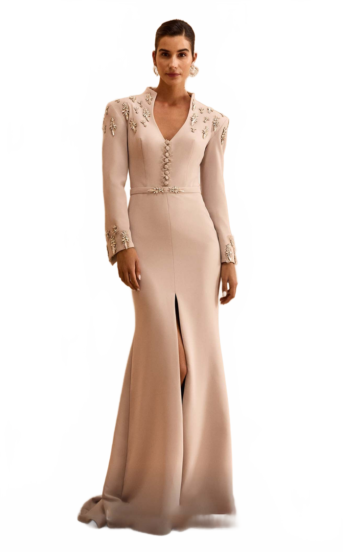 MNM Couture V02030 Beige Long-Sleeve Embellished Gown with Slit