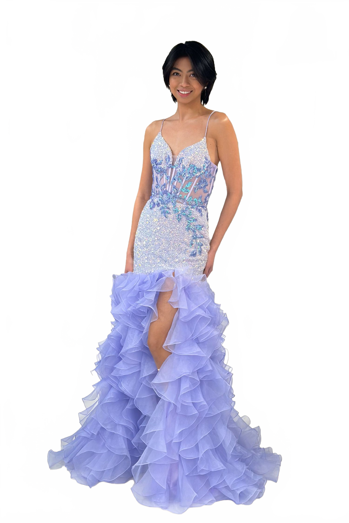 Fitted V-Neck Ruffled Slit Gown by Lucci Lu 1395
