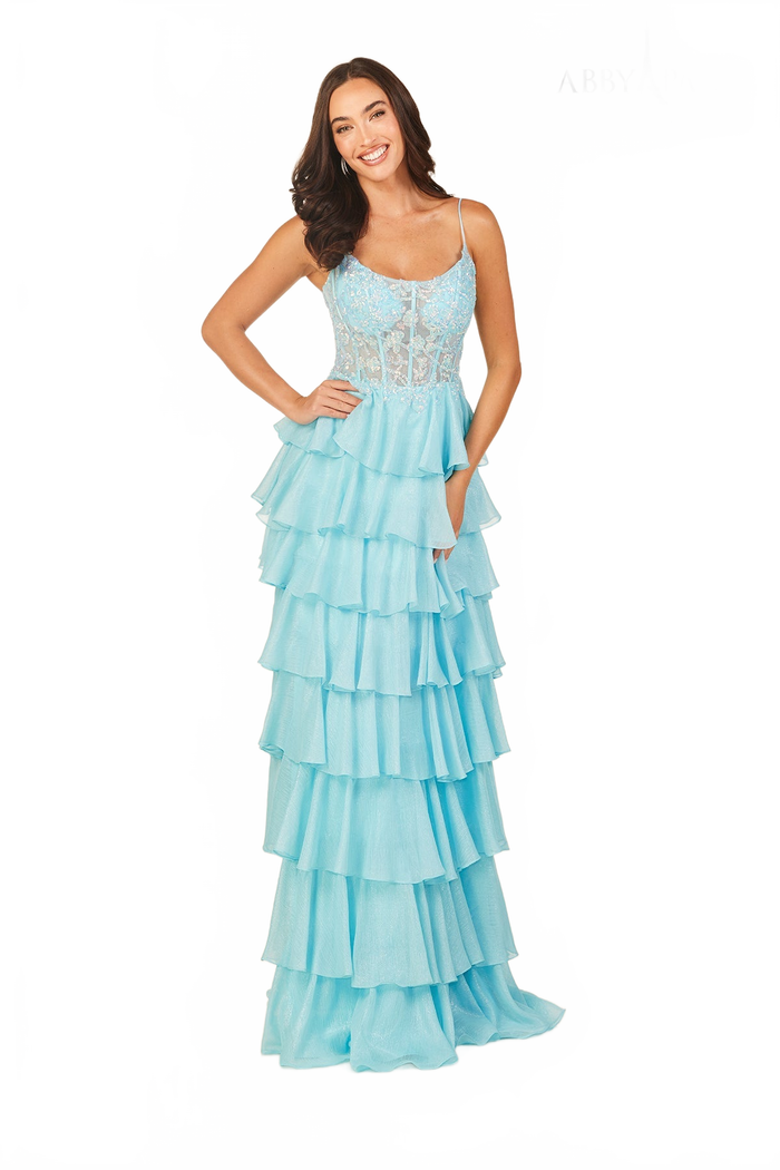 Abby Paris 90326 Applique Corset Tiered Evening Gown by Lucci Lu
