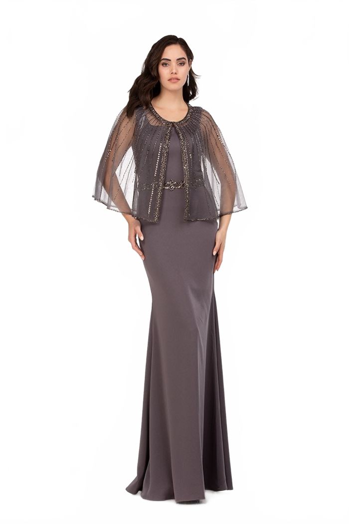 Abby Paris 96062W Detachable Tulle Capelet Crepe Gown