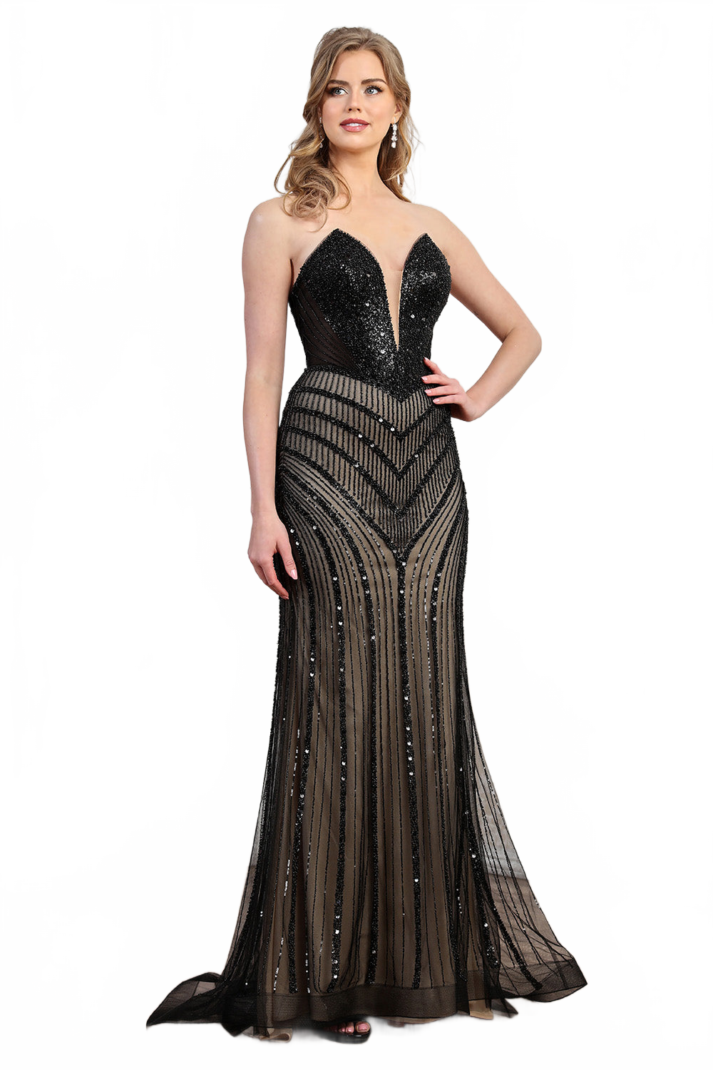 Adora Design 3282 Strapless Beaded Tulle Fitted Long Prom Dress