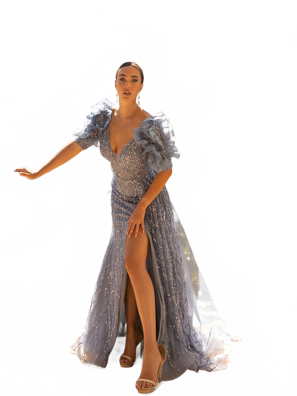Fitted Short Sleeve Slit Gown by Lucci Lu C8042