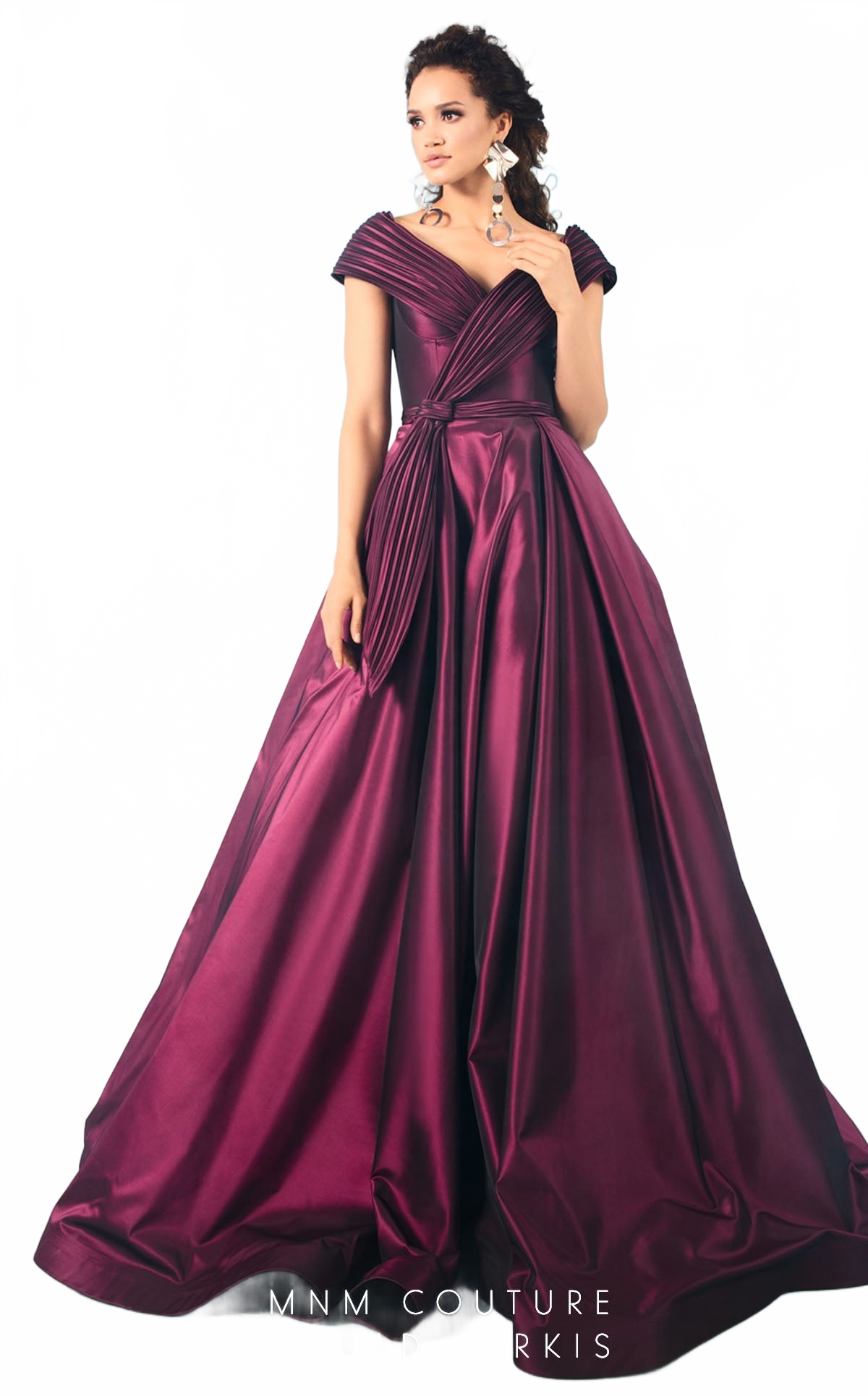 Fouad Sarkis 2631 Pleated Off-Shoulder Burgundy Ball Gown by MNM Couture